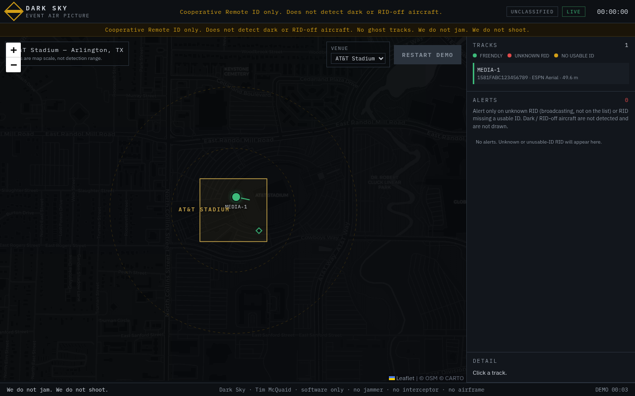 Event Air Picture at STANDBY over a stadium, honesty banner on, no tracks yet
